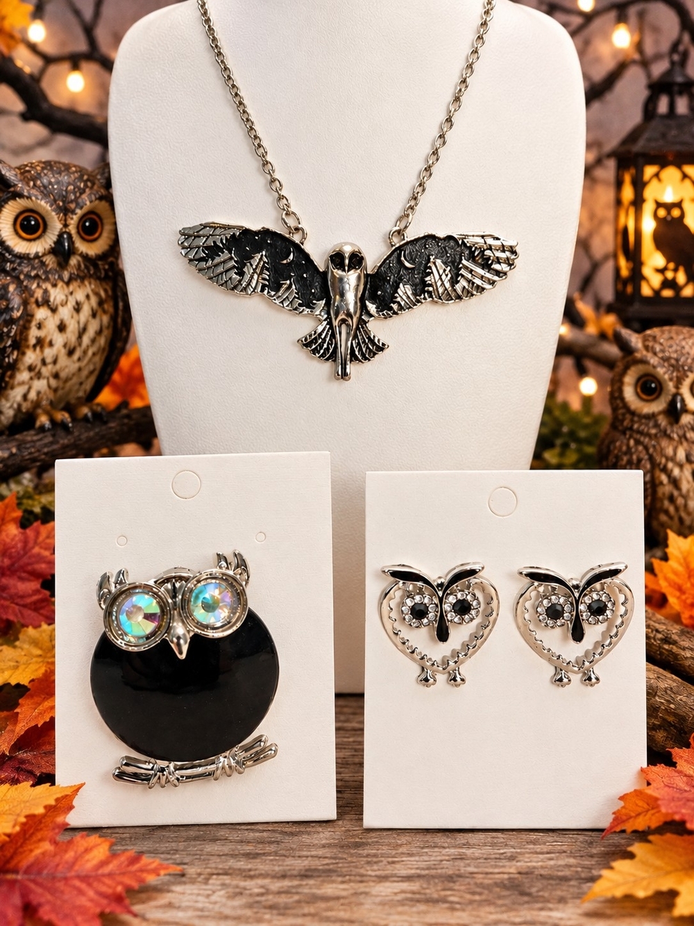 Spooky Owl Halloween Jewelry Set – Necklace, Brooch & Earrings Silver Tone Black